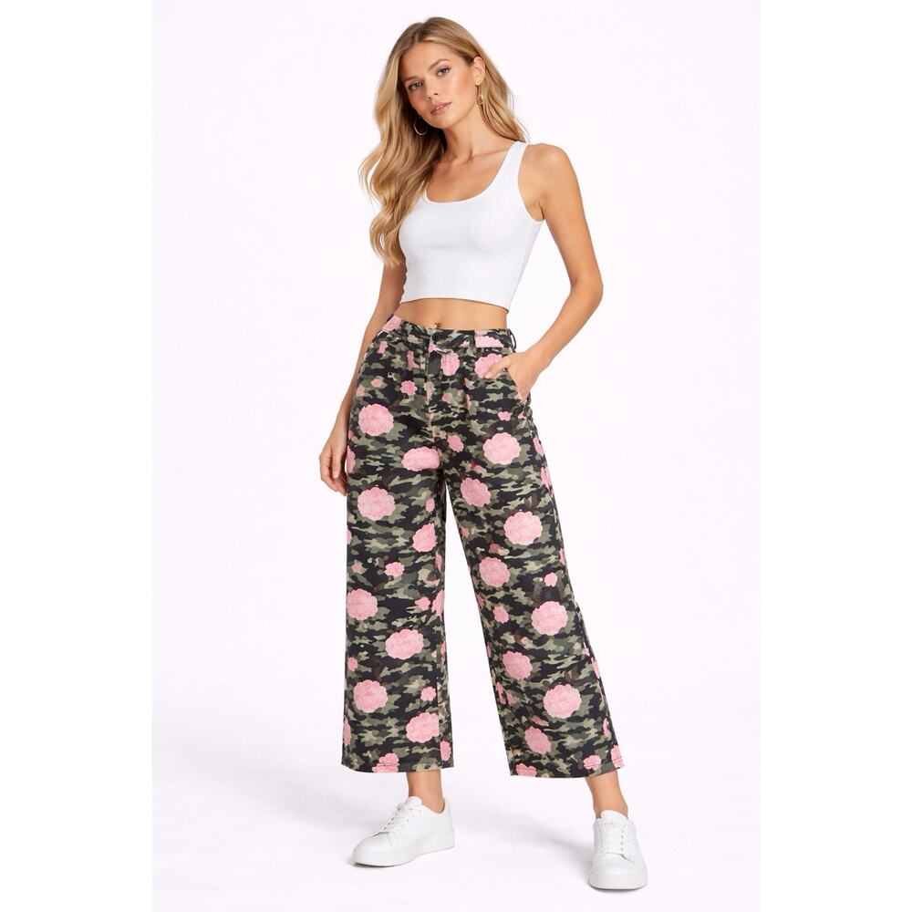 Riley & James FloralWide Leg Cotton Pants L Pink Rose Print High Waist Casual tr